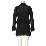 Black Two Pieces Knitted Sweater Tassels Hollow Sexy Skirt Sets