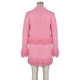 Pink Two Pieces Knitted Sweater Tassels Hollow Sexy Skirt Sets