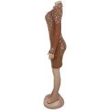 Brown Long Sleeve Diamonds Mesh See Through Sexy Party Bodycon Mini Dress