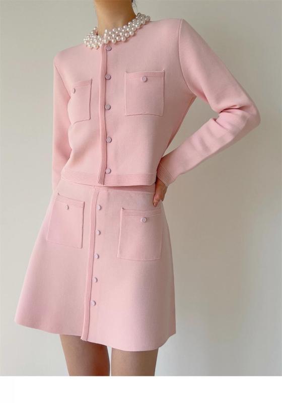 Pink Two Pieces Knitted Pearls Cardigan Sexy A-Line Skirt Dress Sets