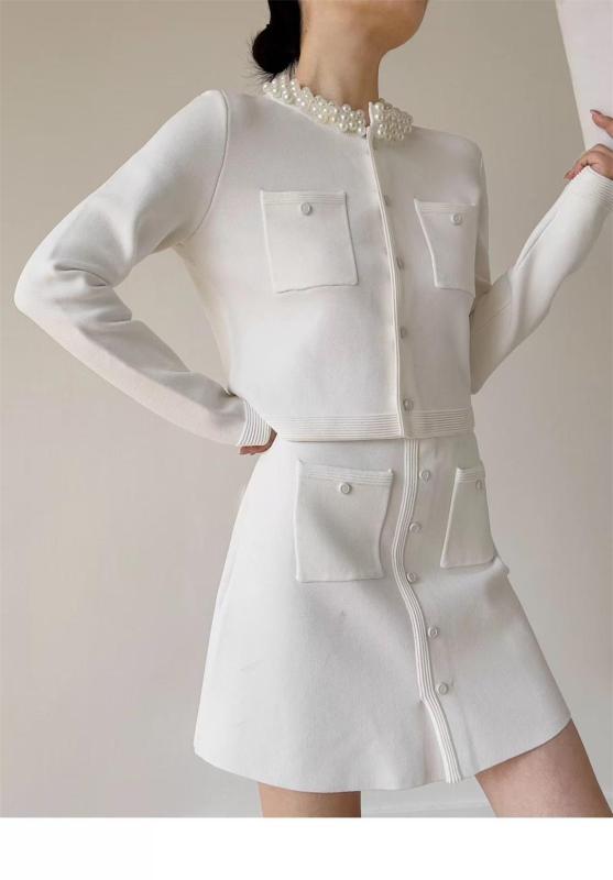 White Two Pieces Knitted Pearls Cardigan Sexy A-Line Skirt Dress Sets