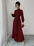 Claret Long Sleeve Single Breasted Fashion Women Evening Party Dress