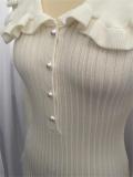 White Long Sleeve Knitted Single Breasted Ruffles Elegant Maxi Dress
