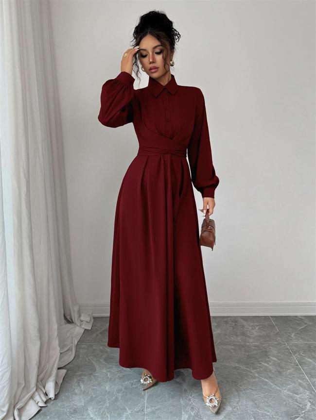 Claret Long Sleeve Single Breasted Fashion Women Evening Party Dress