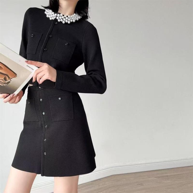 Black Two Pieces Knitted Pearls Cardigan Sexy A-Line Skirt Dress Sets