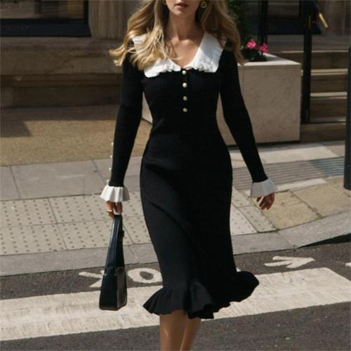Black Long Sleeve Knitted Single Breasted Ruffles Elegant Maxi Dress