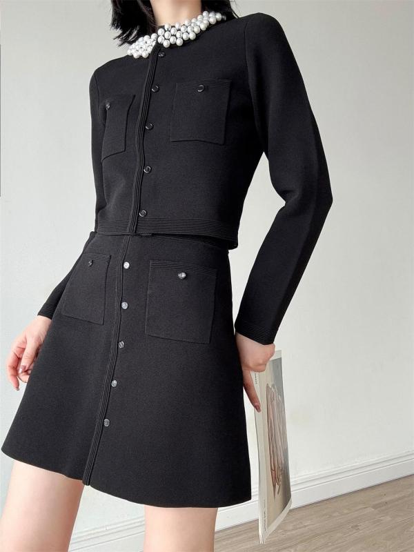 Black Two Pieces Knitted Pearls Cardigan Sexy A-Line Skirt Dress Sets