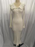 White Long Sleeve Knitted Single Breasted Ruffles Elegant Maxi Dress