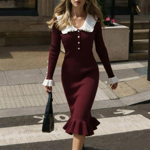 Red White Long Sleeve Knitted Single Breasted Ruffles Elegant Maxi Dress
