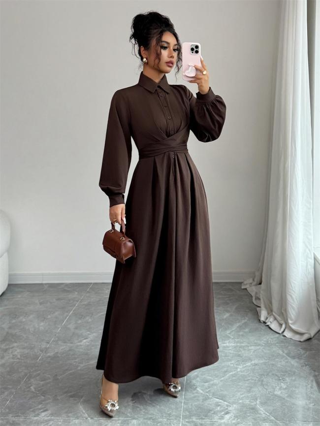 Brown Long Sleeve Single Breasted Fashion Women Evening Party Dress