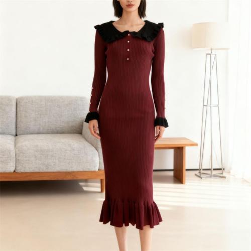 Red Black Long Sleeve Knitted Single Breasted Ruffles Elegant Maxi Dress