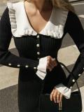 Black Long Sleeve Knitted Single Breasted Ruffles Elegant Maxi Dress