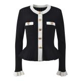 Black Two Pieces Knit French Styles Single Breasted Ruffles Elegant ardigan+Skirt Dress Sets