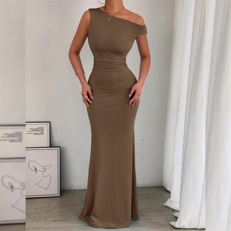 Brown Straps Sleeveless Folds Evening Party Maxi Dress