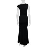 Black Straps Sleeveless Folds Evening Party Maxi Dress