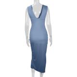 Blue Deep V Neck Sexy Women Party Clubwear