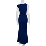 Royal Blue Straps Sleeveless Folds Evening Party Maxi Dress