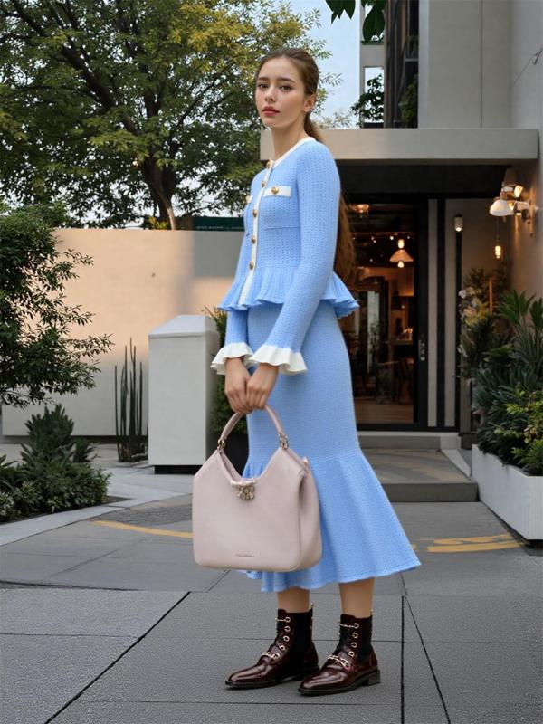 Blue Two Pieces Knit French Styles Single Breasted Ruffles Elegant ardigan+Skirt Dress Sets