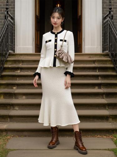 White Two Pieces Knit French Styles Single Breasted Ruffles Elegant ardigan+Skirt Dress Sets