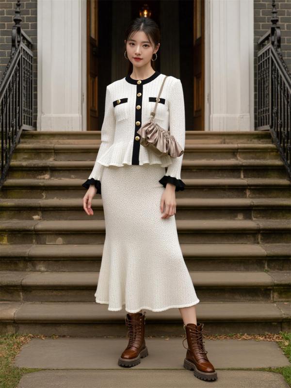 White Two Pieces Knit French Styles Single Breasted Ruffles Elegant ardigan+Skirt Dress Sets