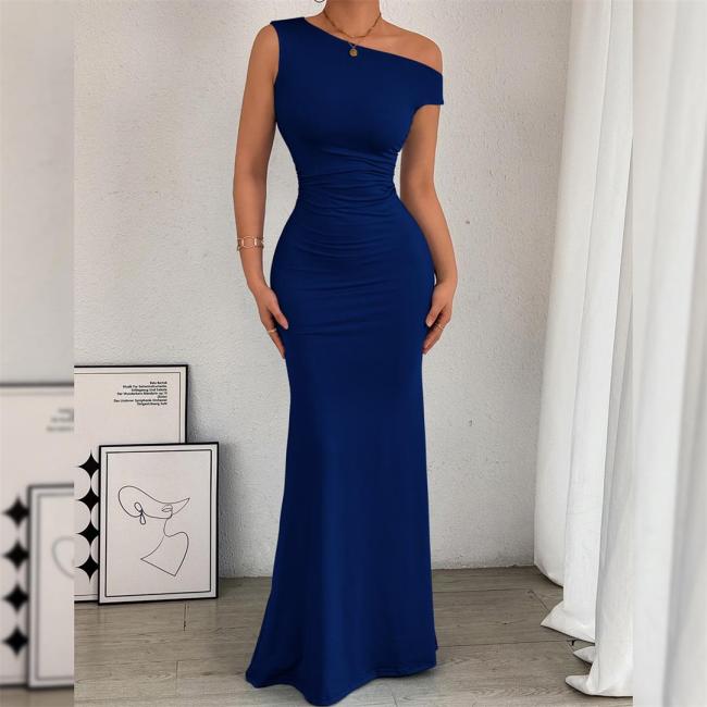 Royal Blue Straps Sleeveless Folds Evening Party Maxi Dress
