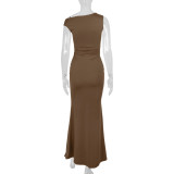 Brown Straps Sleeveless Folds Evening Party Maxi Dress
