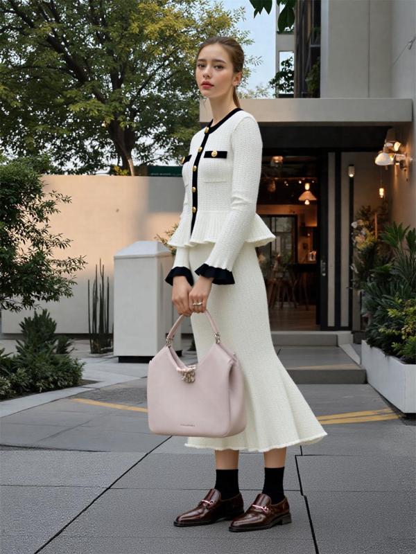 White Two Pieces Knit French Styles Single Breasted Ruffles Elegant ardigan+Skirt Dress Sets