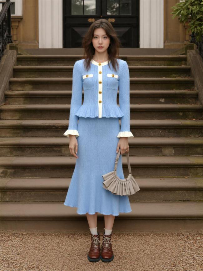 Blue Two Pieces Knit French Styles Single Breasted Ruffles Elegant ardigan+Skirt Dress Sets