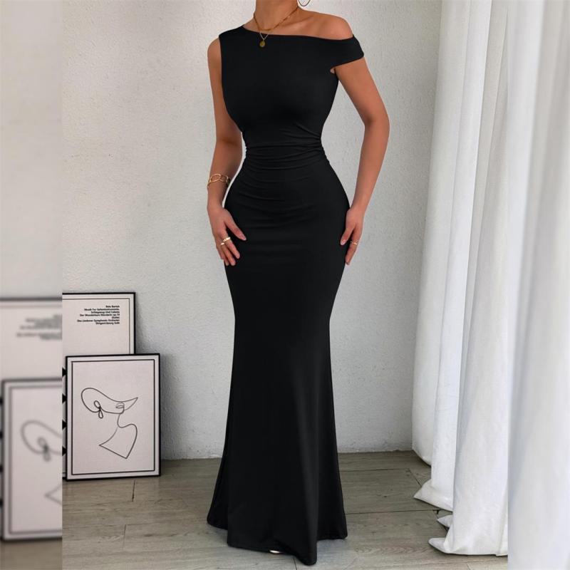 Black Straps Sleeveless Folds Evening Party Maxi Dress