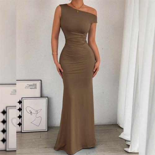 Brown Straps Sleeveless Folds Evening Party Maxi Dress