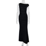 Black Straps Sleeveless Folds Evening Party Maxi Dress