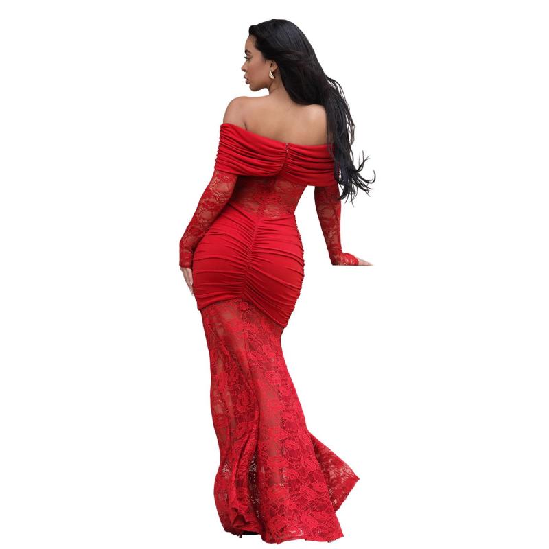 Red Low Cut Lace Hollow Out Sexy Evening Party Birthday Maxi Dress