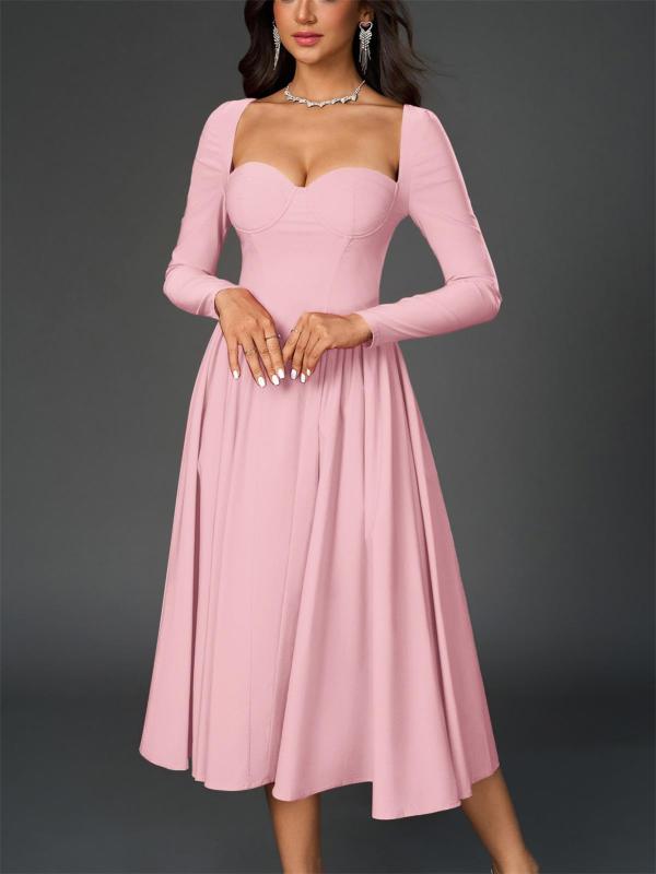 Pink Long Sleeve Square Neck Pleated A-Line Women Elegant Midi Dress