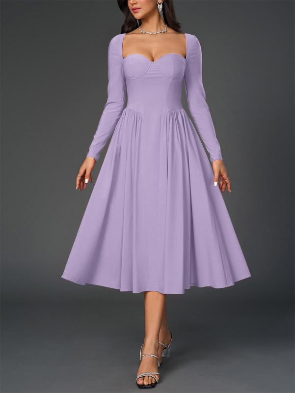 Purple Long Sleeve Square Neck Pleated A-Line Women Elegant Midi Dress