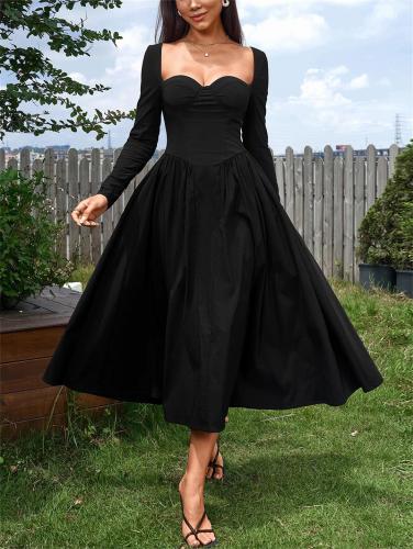 Black Long Sleeve Square Neck Pleated A-Line Women Elegant Midi Dress