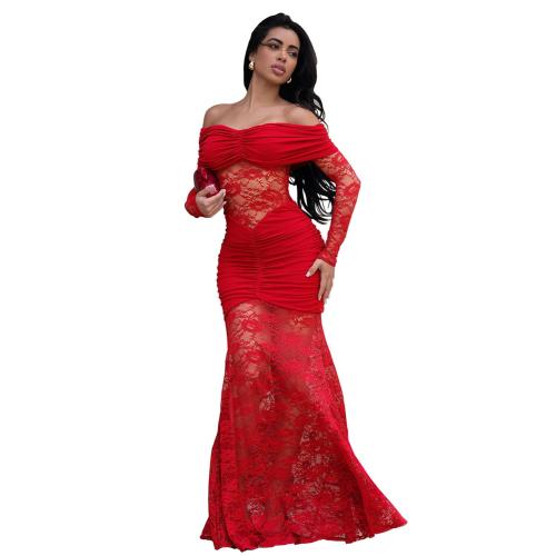 Red Low Cut Lace Hollow Out Sexy Evening Party Birthday Maxi Dress
