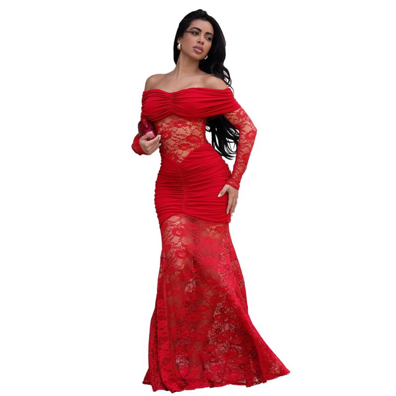 Red Low Cut Lace Hollow Out Sexy Evening Party Birthday Maxi Dress