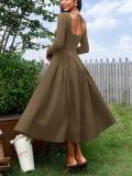 Green Long Sleeve Square Neck Pleated A-Line Women Elegant Midi Dress
