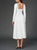 White Long Sleeve Square Neck Pleated A-Line Women Elegant Midi Dress