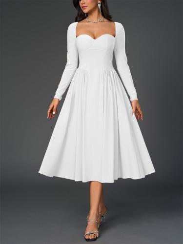 White Long Sleeve Square Neck Pleated A-Line Women Elegant Midi Dress