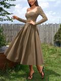 Green Long Sleeve Square Neck Pleated A-Line Women Elegant Midi Dress