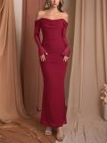 Red Mesh Long Sleeve Pleated See Through Bodycon Evening Luxury Party Maxi Dress