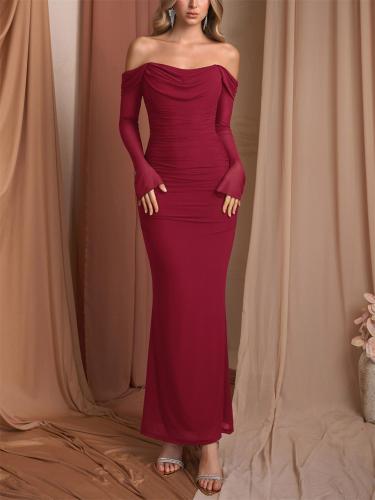 Red Mesh Long Sleeve Pleated See Through Bodycon Evening Luxury Party Maxi Dress