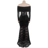 Black Low Cut Lace Hollow Out Sexy Evening Party Birthday Maxi Dress