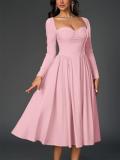 Pink Long Sleeve Square Neck Pleated A-Line Women Elegant Midi Dress