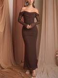 Brown Mesh Long Sleeve Pleated See Through Bodycon Evening Luxury Party Maxi Dress