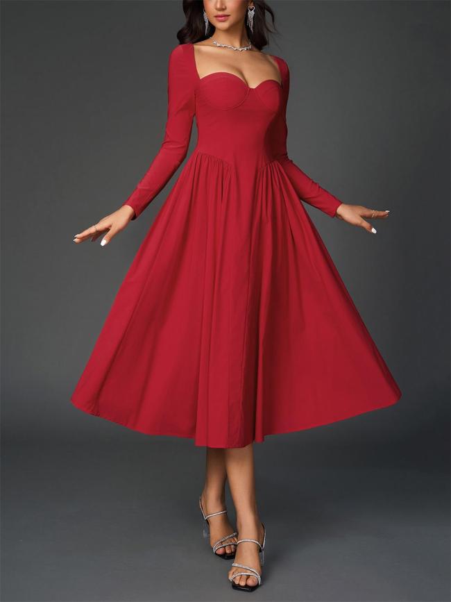 Red Long Sleeve Square Neck Pleated A-Line Women Elegant Midi Dress
