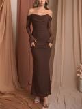Brown Mesh Long Sleeve Pleated See Through Bodycon Evening Luxury Party Maxi Dress