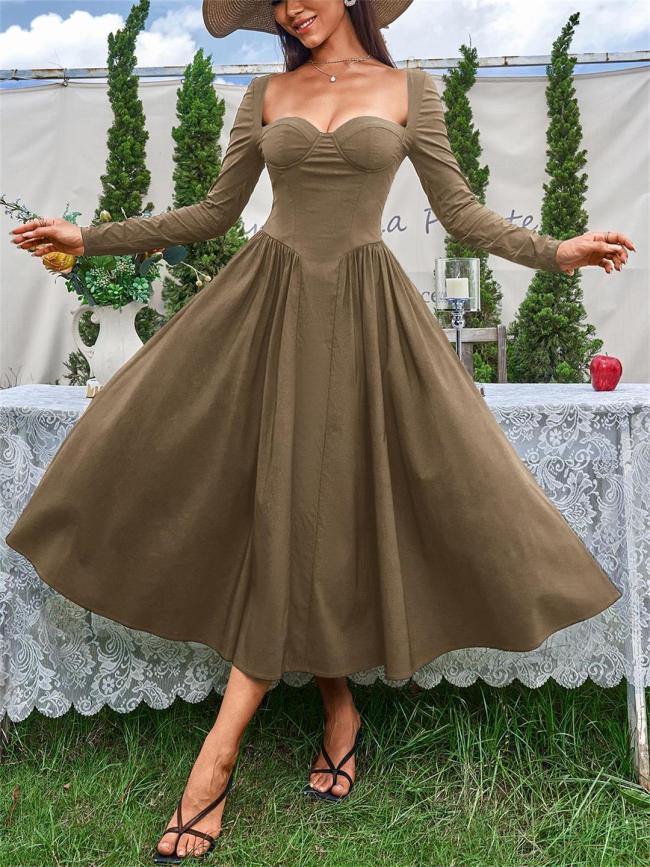 Green Long Sleeve Square Neck Pleated A-Line Women Elegant Midi Dress