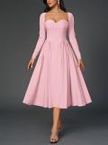 Pink Long Sleeve Square Neck Pleated A-Line Women Elegant Midi Dress